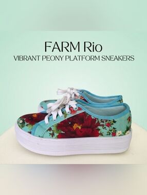 FARM Rio Floral Canvas Platform Sneakers – Blue & Red Peony Print, 6 US/ 36 EU